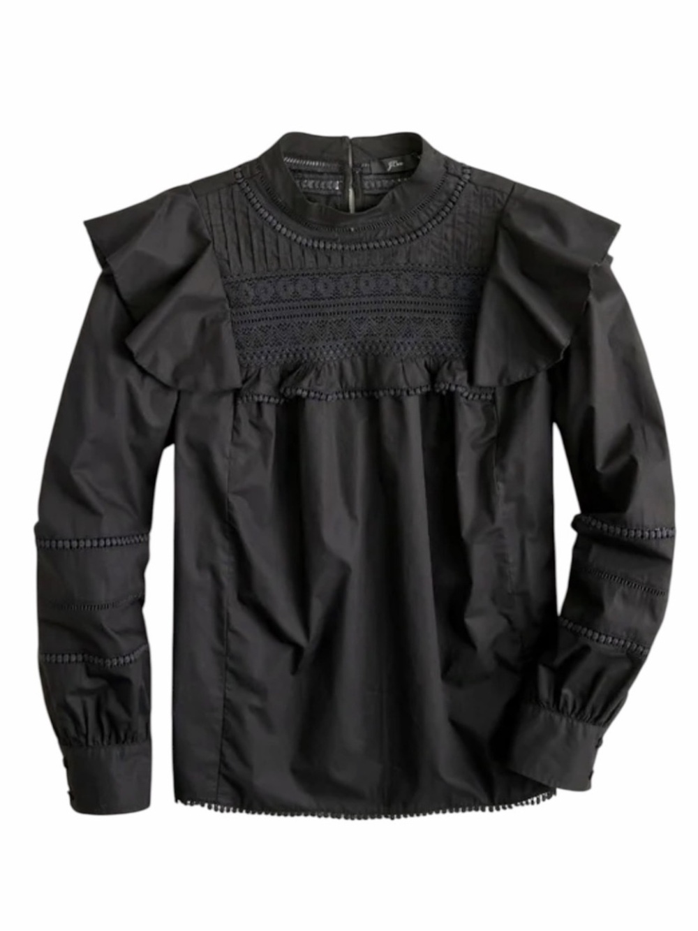 J. Crew Black Crocheted Lace Ruffle Long‎ Sleeve Blouse Size M